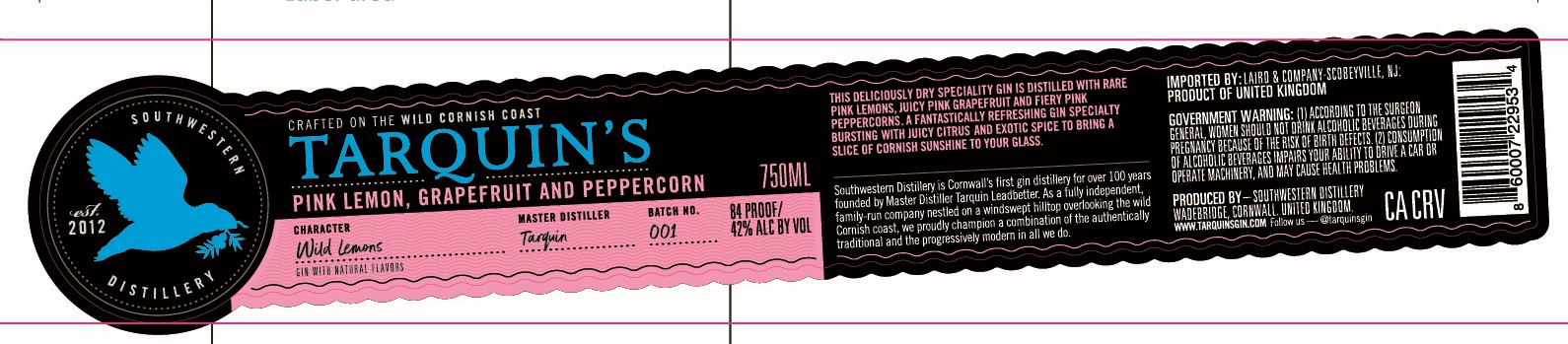 TABC label artwork for TARQUIN'S PINK LEMON GRAPEFRUIT AND PEPPERCORN