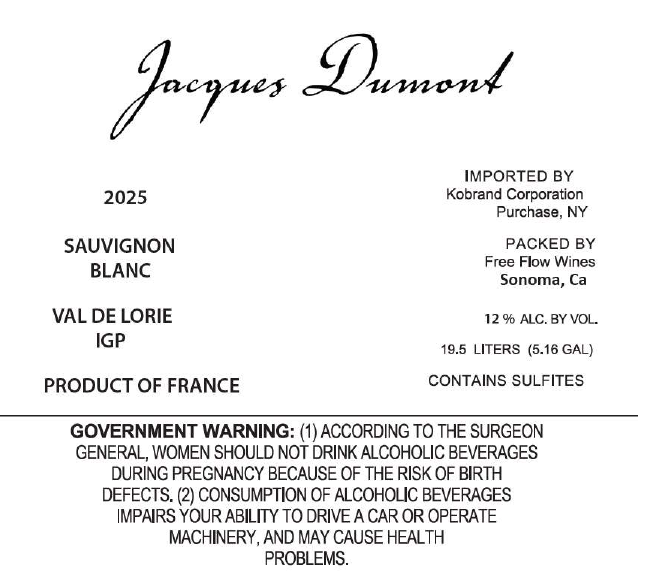 TABC label artwork for Jacques Dumont Sauvignon Blanc Keg