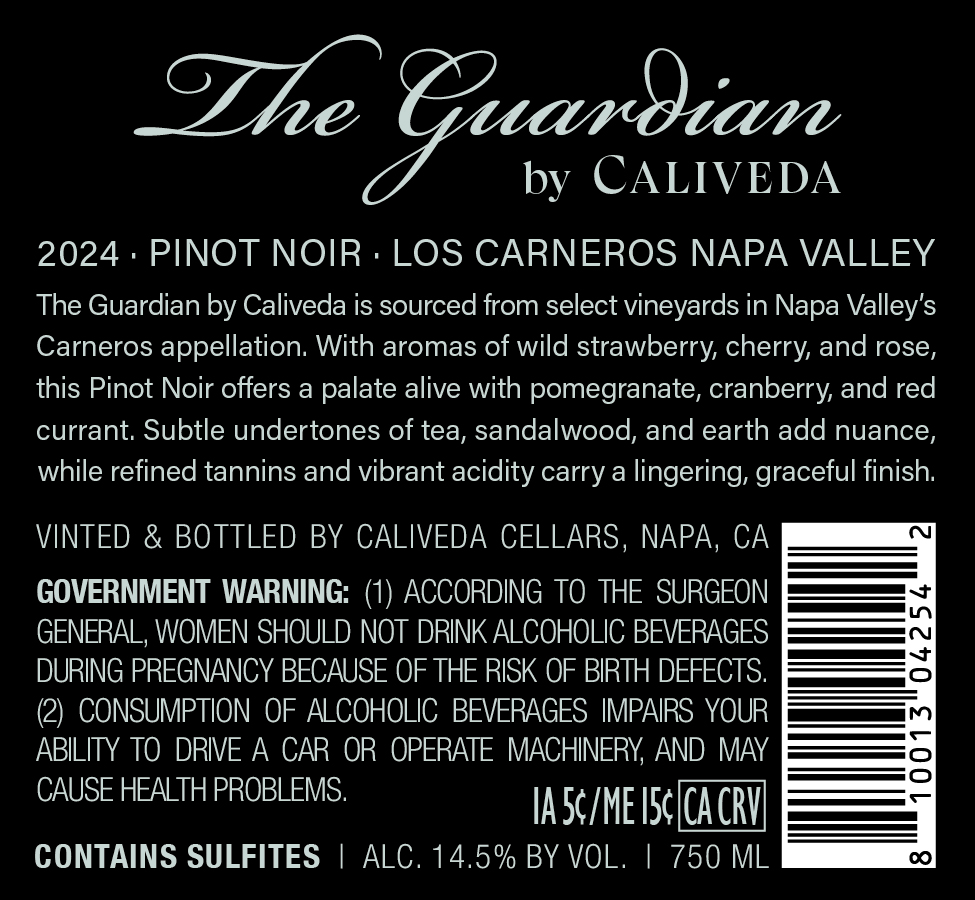 TABC label artwork for Caliveda The Guardian 2024 Pinot Noir