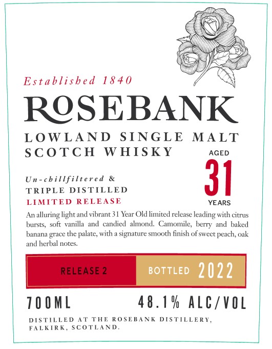 TABC label artwork for Rosebank Lowland Single Malt Scotch Whisky Triple Distilled Aged 31 Years