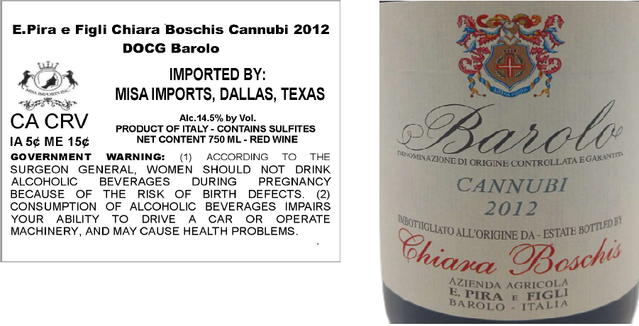 TABC label artwork for E. PIRA E FIGLI CHIARA BOSCHIS CANNUBI