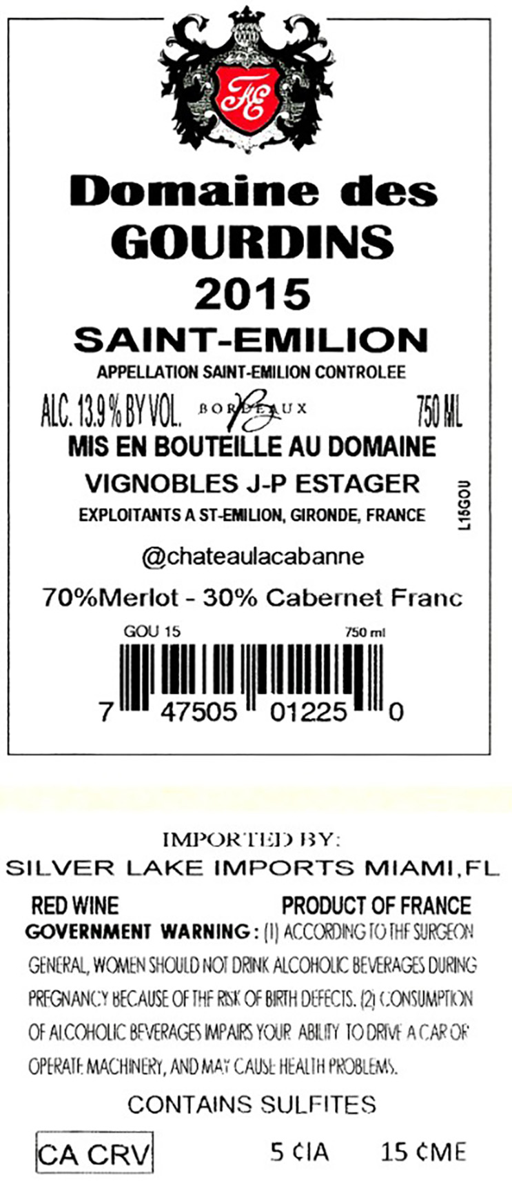 TABC label artwork for Domaine Des Gourdins 2015 Saint-Emilion Grand Vin Bordeaux
