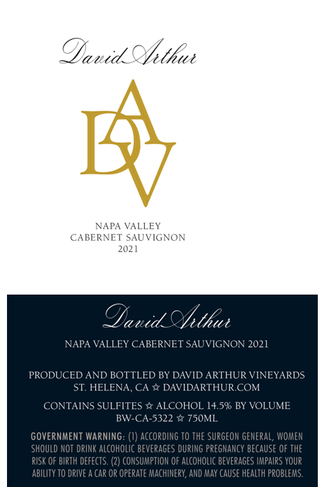 TABC label artwork for DAVID ARTHUR DAV CABERNET SAUVIGNON NAPA VALLEY