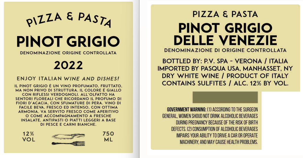 TABC label artwork for Pizza & Pasta Pinot Grigio White Wine