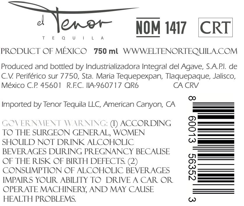 TABC label artwork for El Tenor Tequila Cristalino Anejo