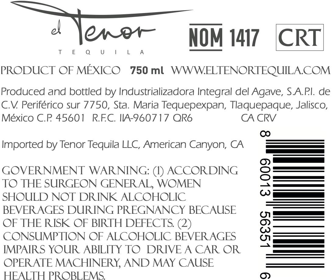 TABC label artwork for El Tenor Tequila Blanco