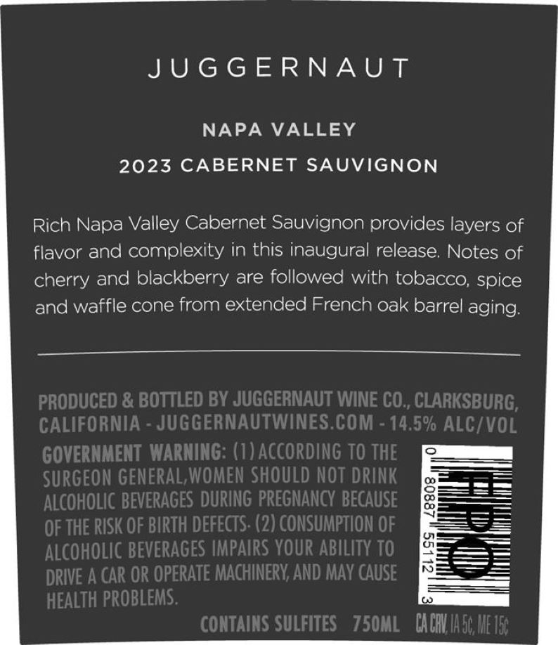 TABC label artwork for Juggernaut Cabernet Sauvignon Napa Valley