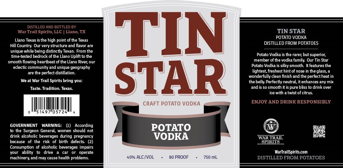 TABC label artwork for TIN STAR POTATO VODKA