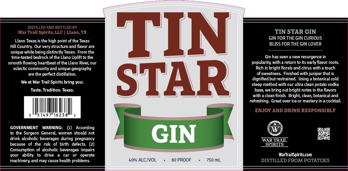 TABC label artwork for TIN STAR GIN