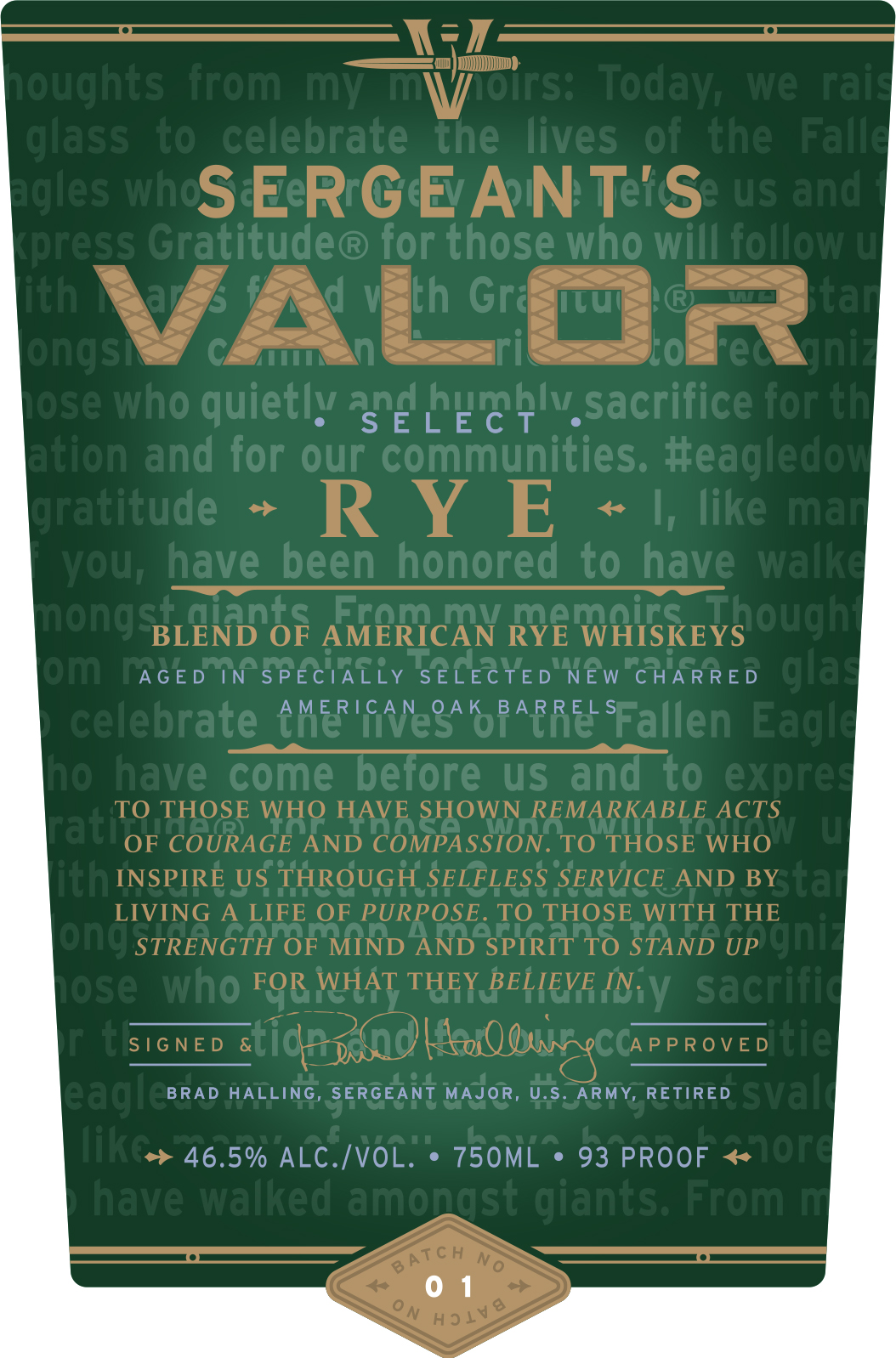 TABC label artwork for Sergeant's Valor Select Rye