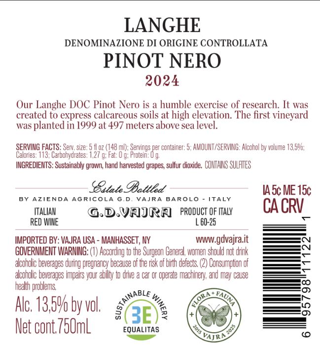 TABC label artwork for G. D. VAJRA Langhe Pinot Nero