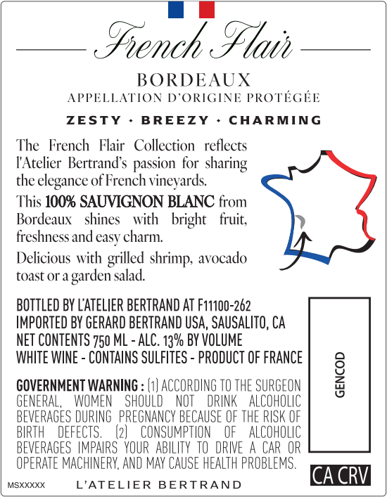 TABC label artwork for L'Atelier Bertrand French Flair Le Charmeur Bordeaux Sauvignon Blanc