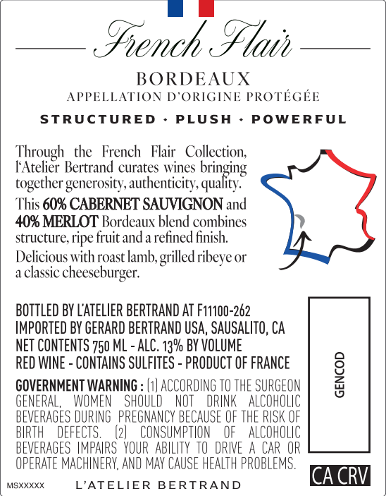 TABC label artwork for L'Atelier Bertrand French Flair Le Classique Bordeau Cabernet Sauvignon, Merlot