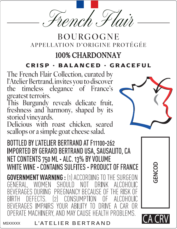 TABC label artwork for L'Atelier Bertrand French Flair Le Mineral Bourgogne Chardonnay