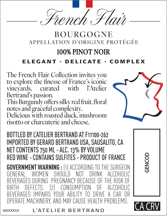 TABC label artwork for L'Atelier Bertrand French Flair Le Mysterieux Bourgogne Pinot Noir