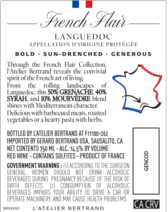 TABC label artwork for L'Atelier Bertrand French Flair Le Solaire Languedoc Grenache, Syrah, Mourvedre