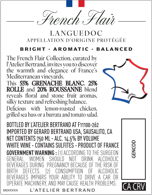TABC label artwork for L'Atelier Bertrand French Flair L'Elance Languedoc White Blend