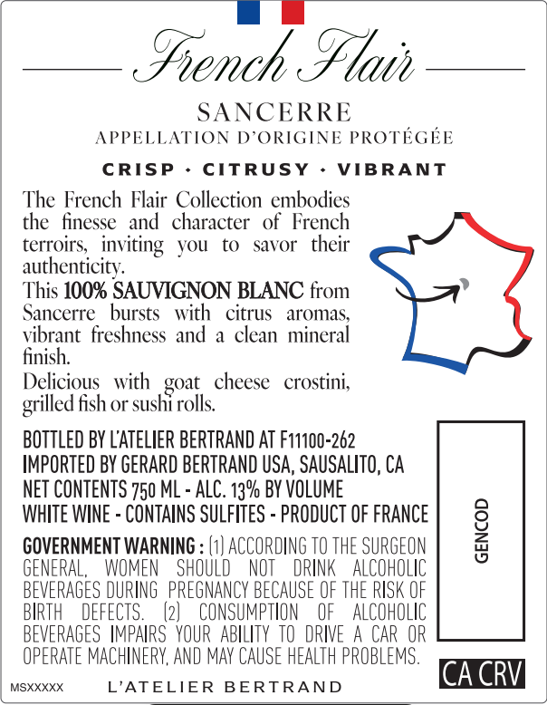 TABC label artwork for L'Atelier Bertrand French Flair L'Elegant Sancerre Sauvignon Blanc