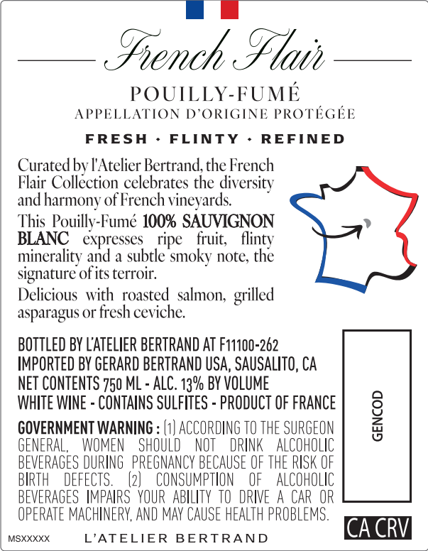 TABC label artwork for L'Atelier Bertrand French Flair L'Harmonieux Pouilly Fume Sauvignon Blanc