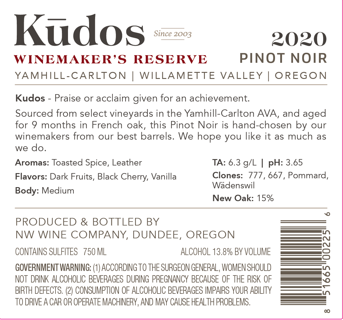 TABC label artwork for Kudos Pinot Noir 2020