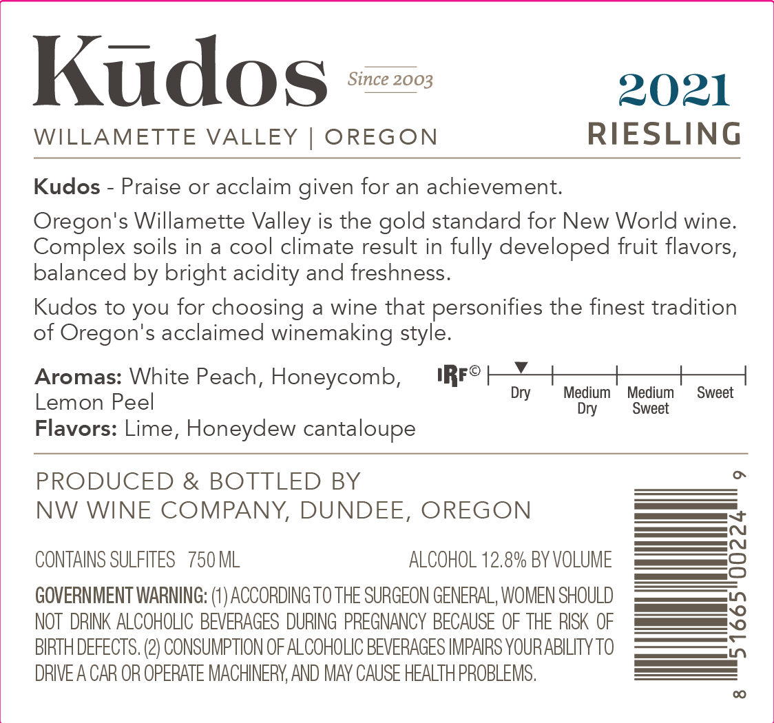 TABC label artwork for Kudos 2021 Riesling