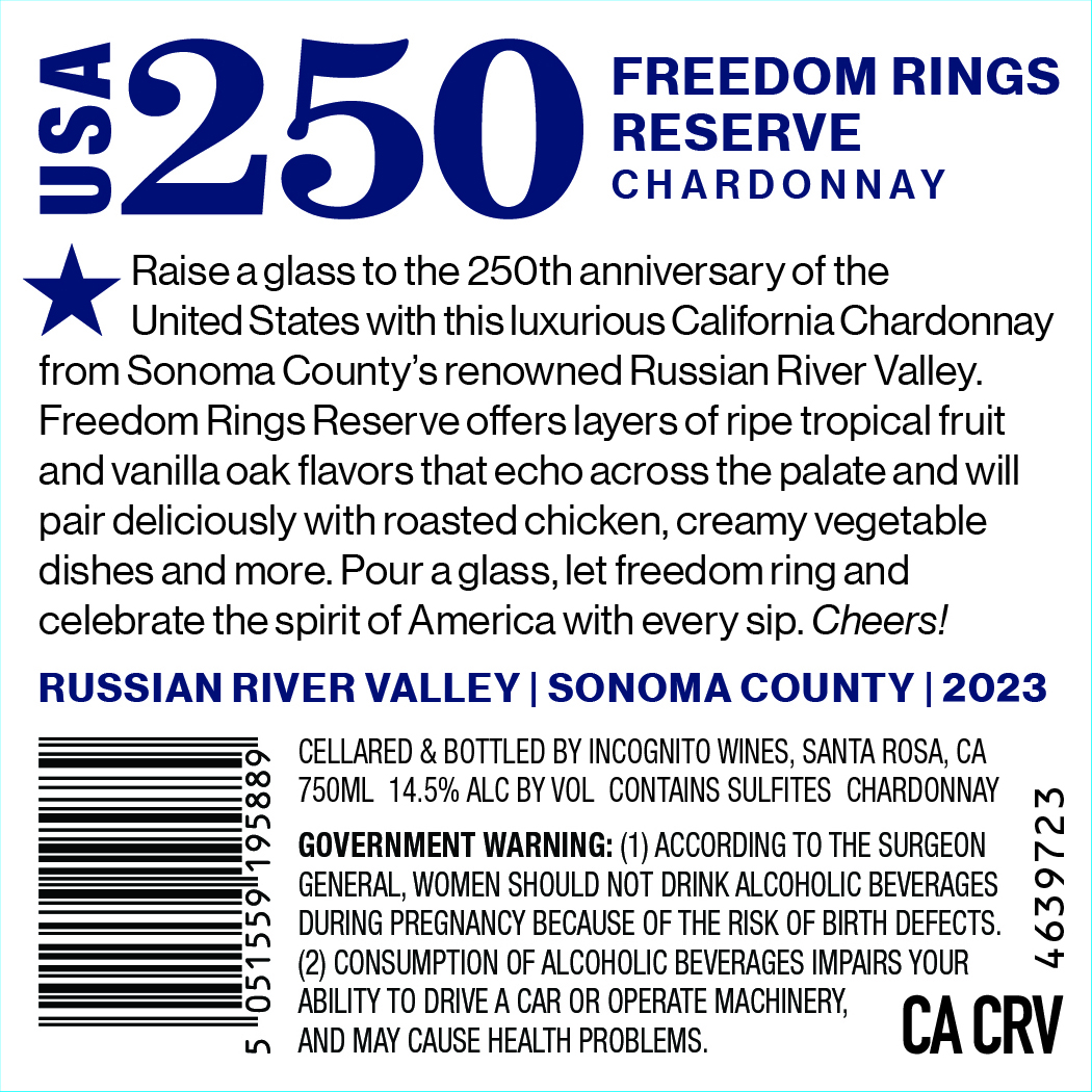 TABC label artwork for USA 250 Freedom Rings Reserve Chardonnay Russian River Valley, Sonoma County, California