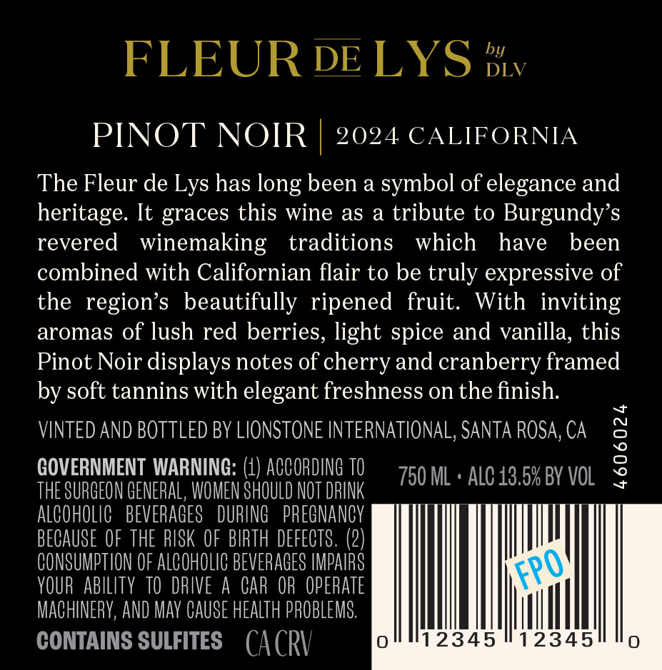TABC label artwork for Fleur de Lys California Pinot Noir