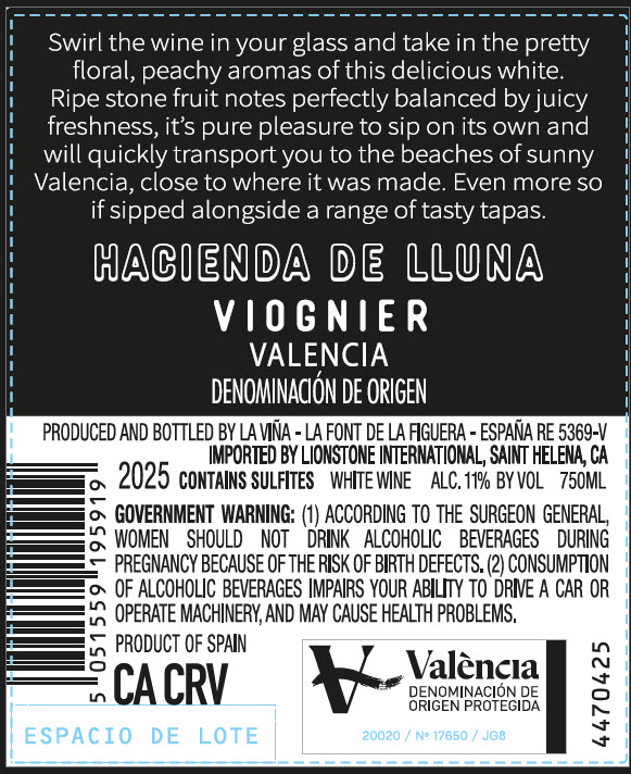 TABC label artwork for Hacienda de Lluna Valencia Viognier, Spain