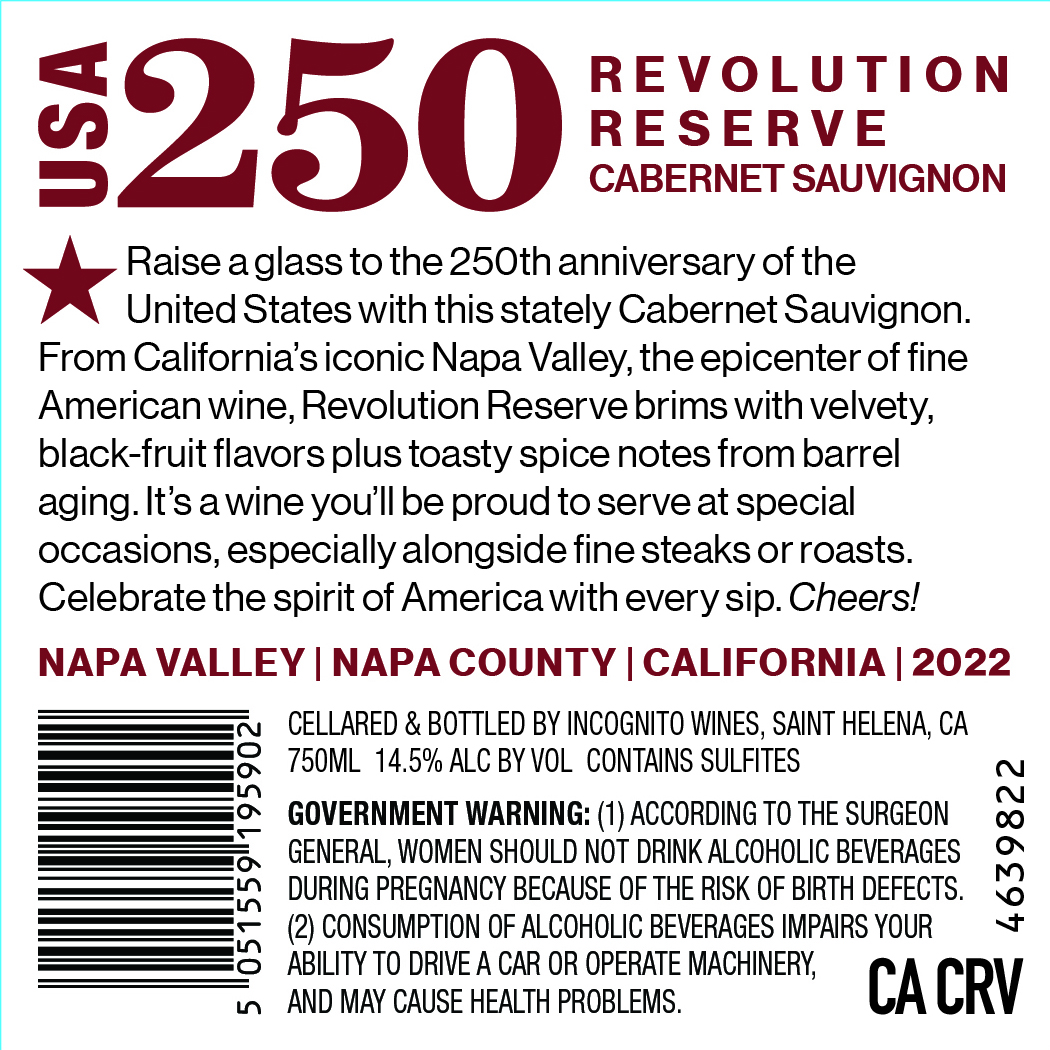 TABC label artwork for USA 250 Revolution Reserve Cabernet Sauvignon Napa Valley Napa County California