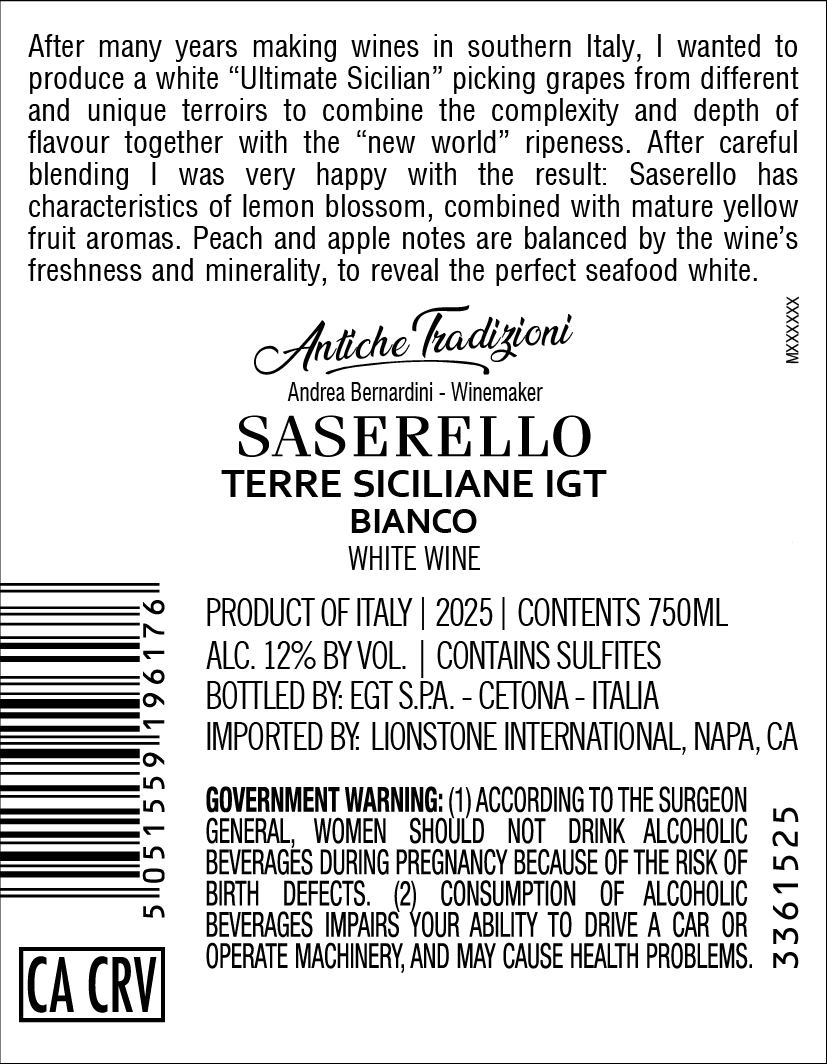 TABC label artwork for Saserello Terre Siciliane Bianco, Italy