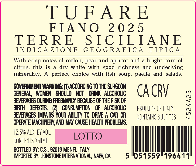 TABC label artwork for Tufare Terre Siciliane Fiano White Wine, Italy