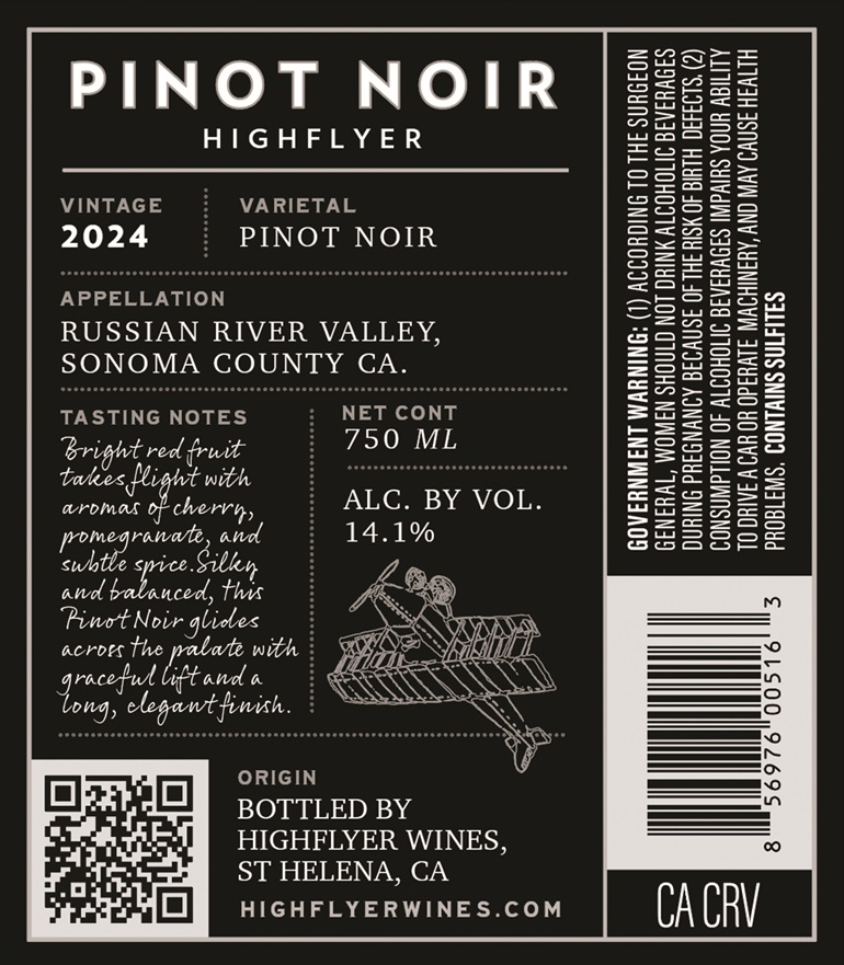 TABC label artwork for Highflyer	Pinot noir Russian River Valley