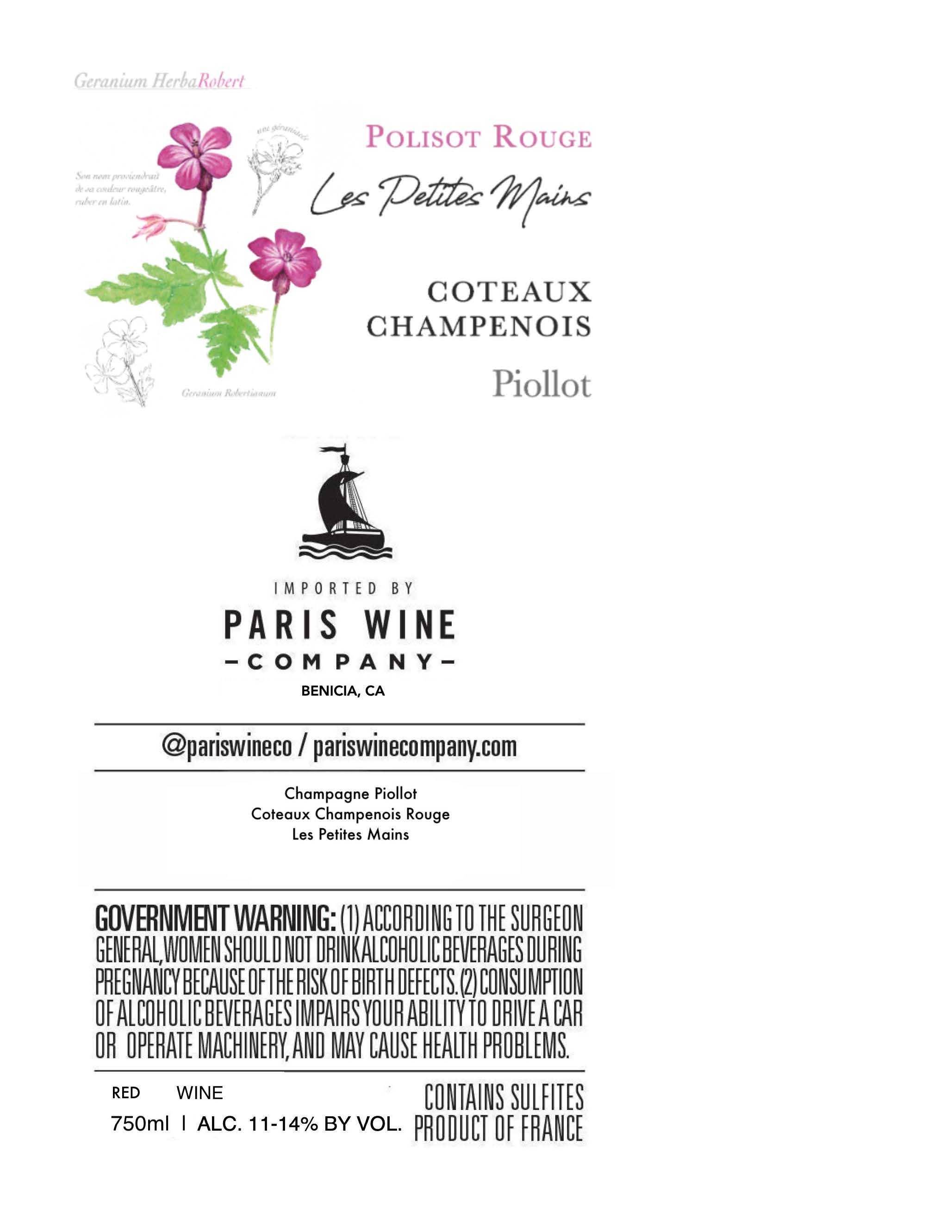 TABC label artwork for Piollot Coteaux Champenois Rouge Les Petites Mains