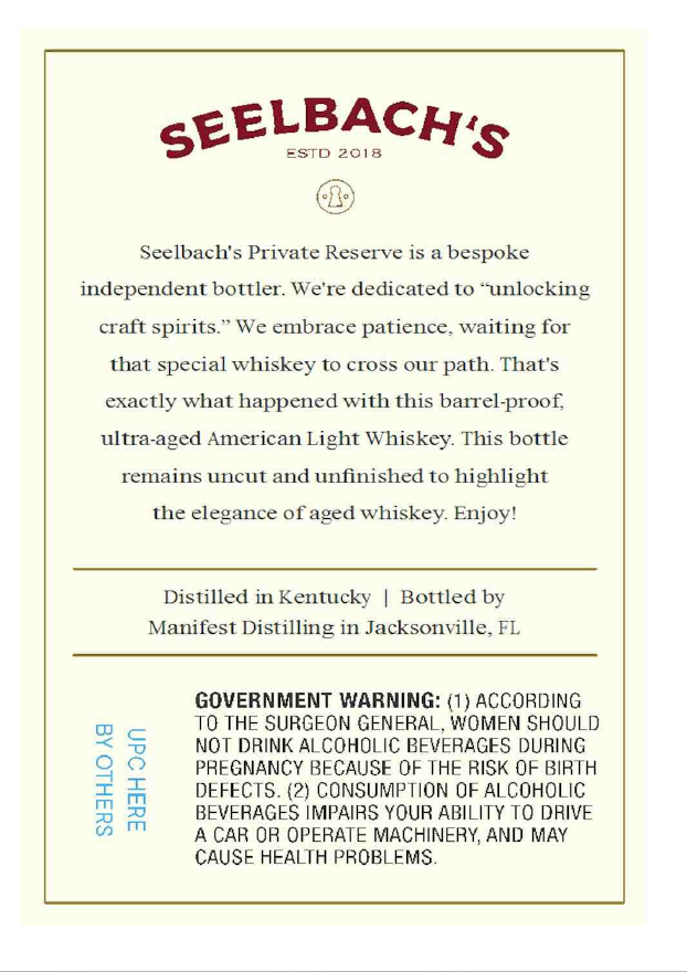 TABC label artwork for Seelbach's Private Reserve, Straight American Light Whiskey, 20 Year Cask Strength