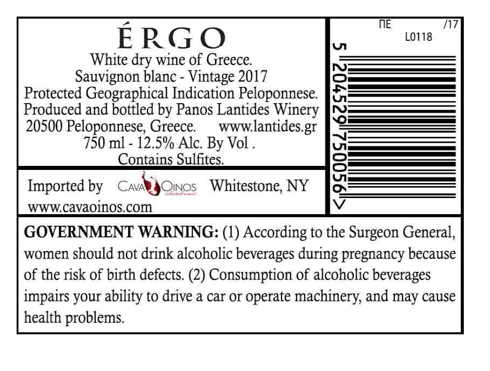 TABC label artwork for Ergo Sauvignon Blanc PGI Peloponnese