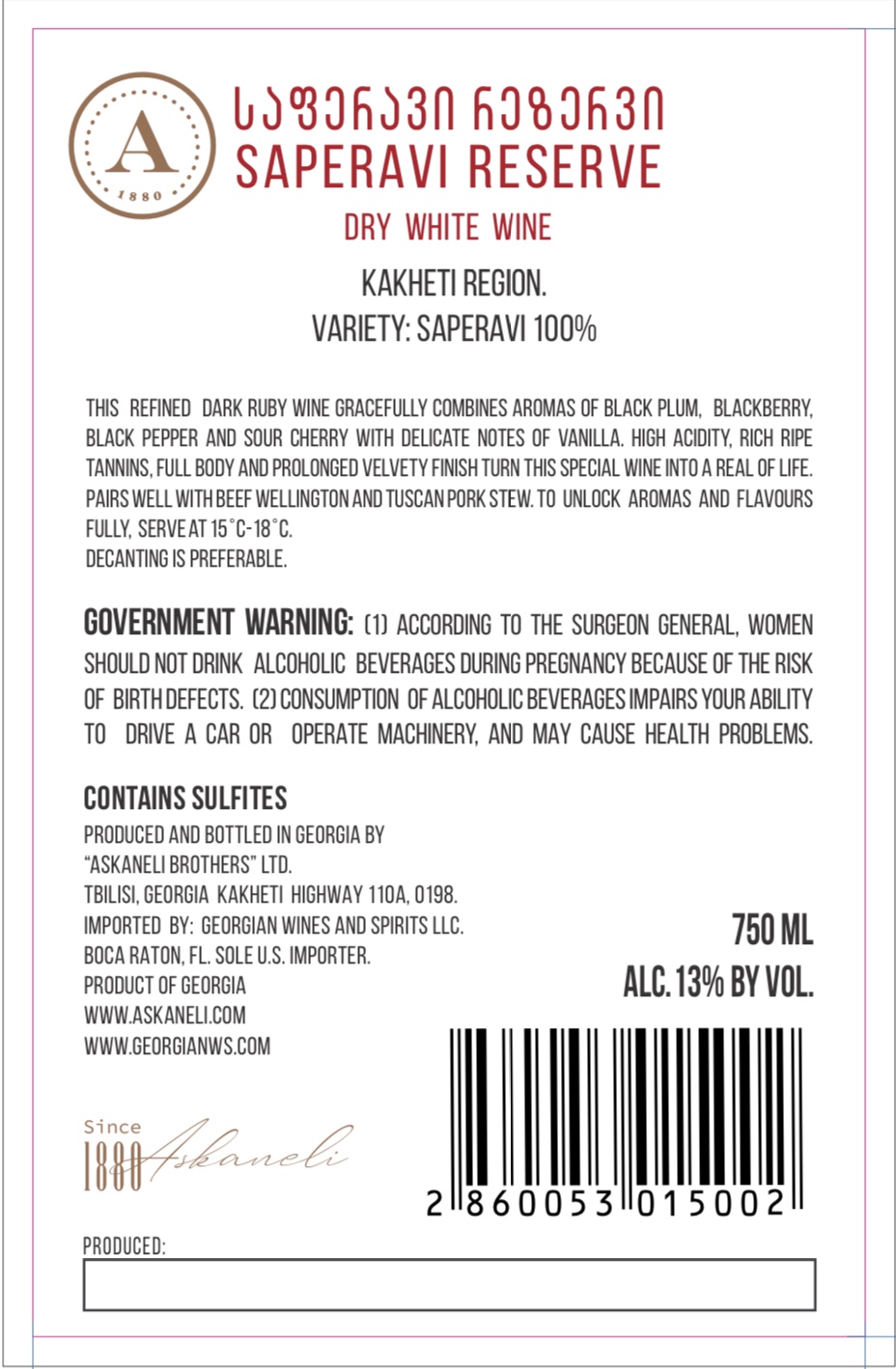 TABC label artwork for ASKANELI SAPERAVI RESERVE