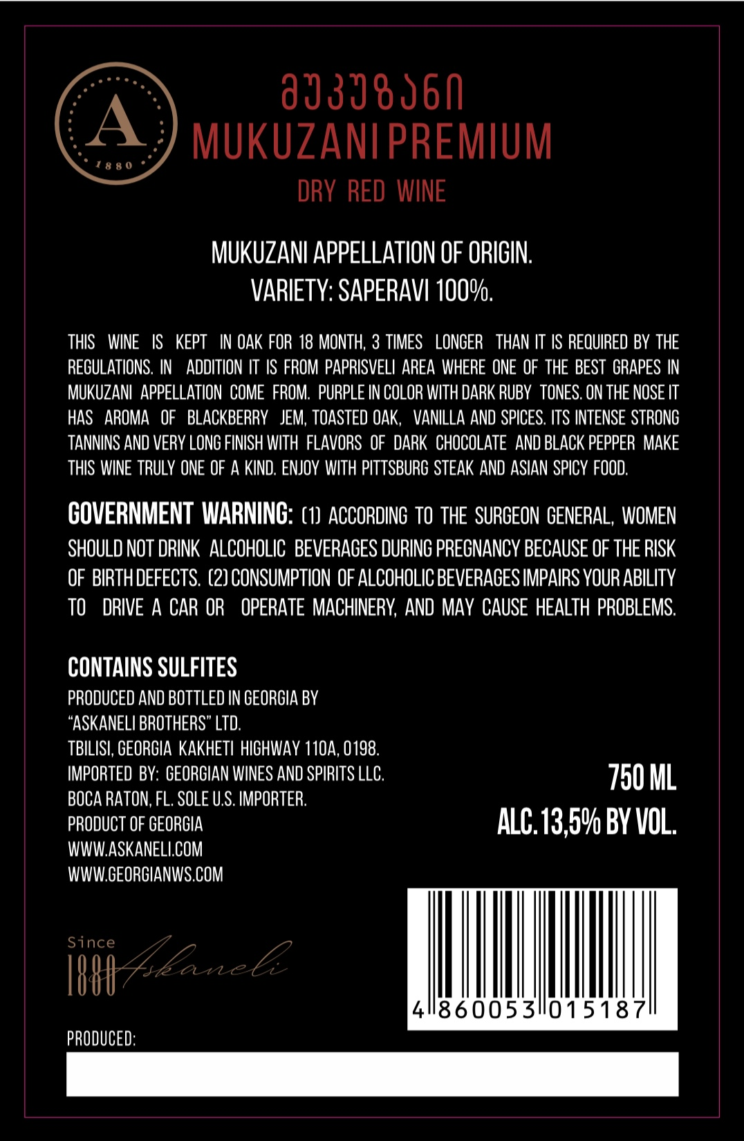 TABC label artwork for ASKANELI MUKUZANI LIMITED
