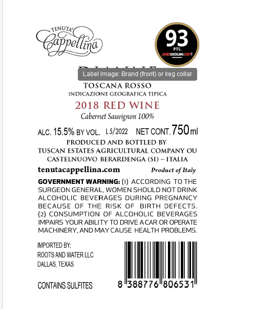 TABC label artwork for TENUTA CAPPELLINA DIANNE