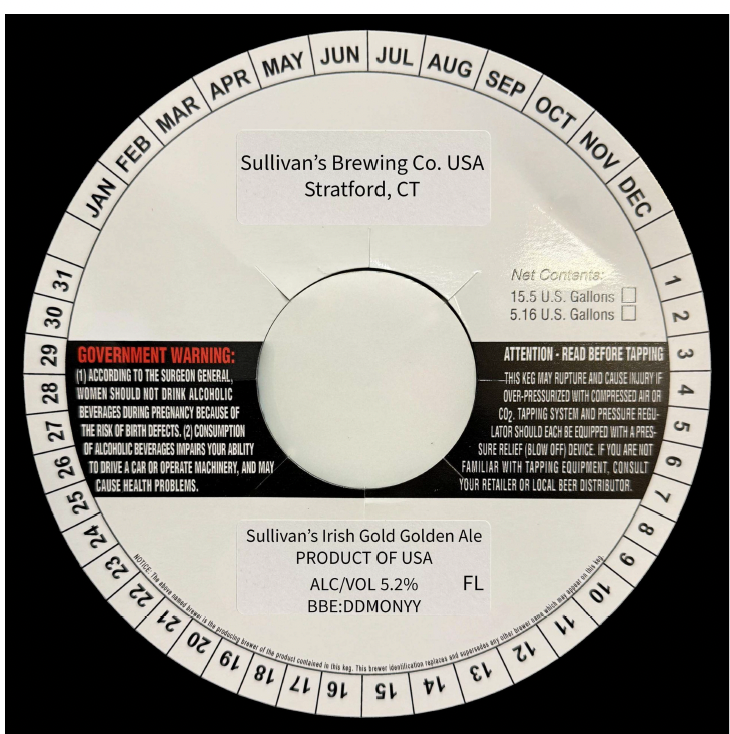 TABC label artwork for Sullivan's Irish Gold Golden Ale