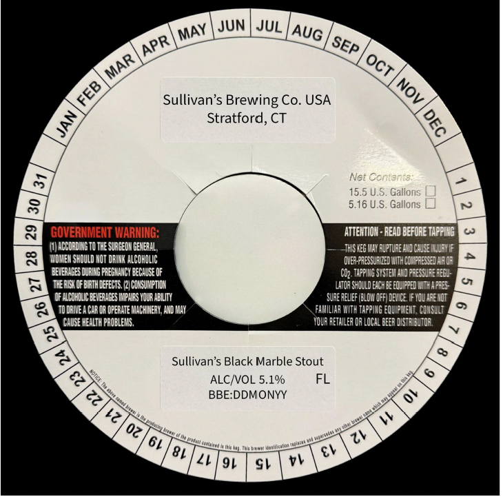 TABC label artwork for Sullivan's Black Marble Stout