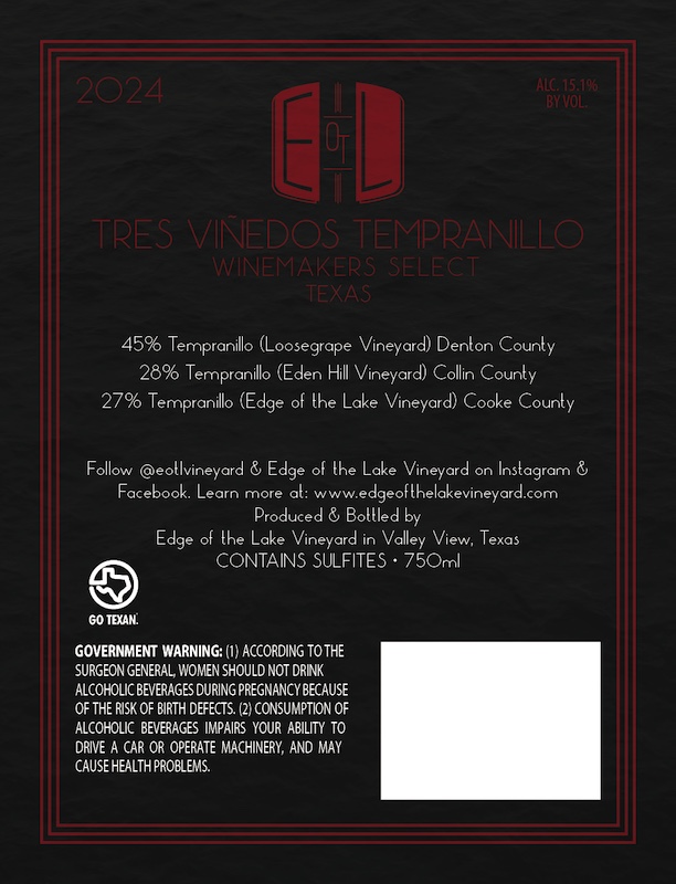 TABC label artwork for EOTL TRES VIÑEDOS TEMPRANILLO