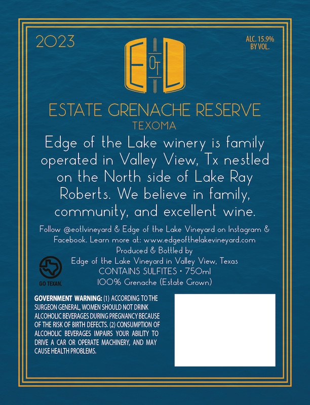 TABC label artwork for EOTL ESTATE GRENACHE RESERVE