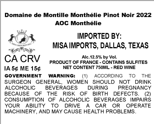TABC label artwork for DOMAINE DE MONTILLE MONTHELIE PINOT NOIR