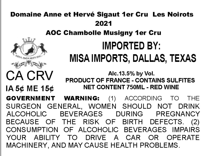 TABC label artwork for DOMAINE ANNE ET HERVE SIGAUT LES NOIROTS