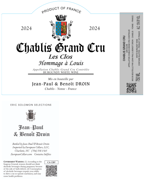 TABC label artwork for Jean Paul et Benoit Droin le Clos Hommage a Louis Chablis Grand Cru Controlee