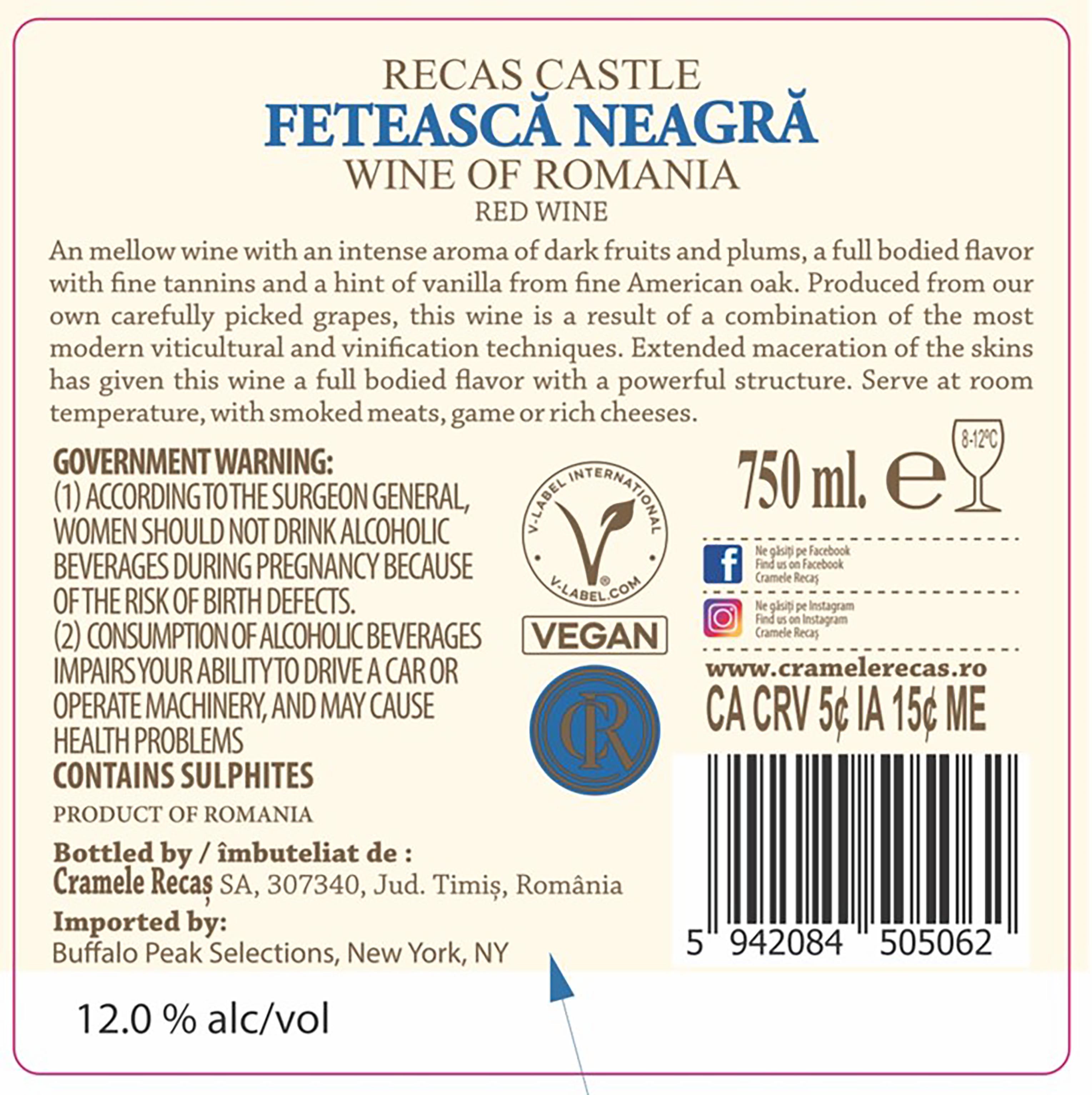 TABC label artwork for Recas Castle Feteasca Neagra