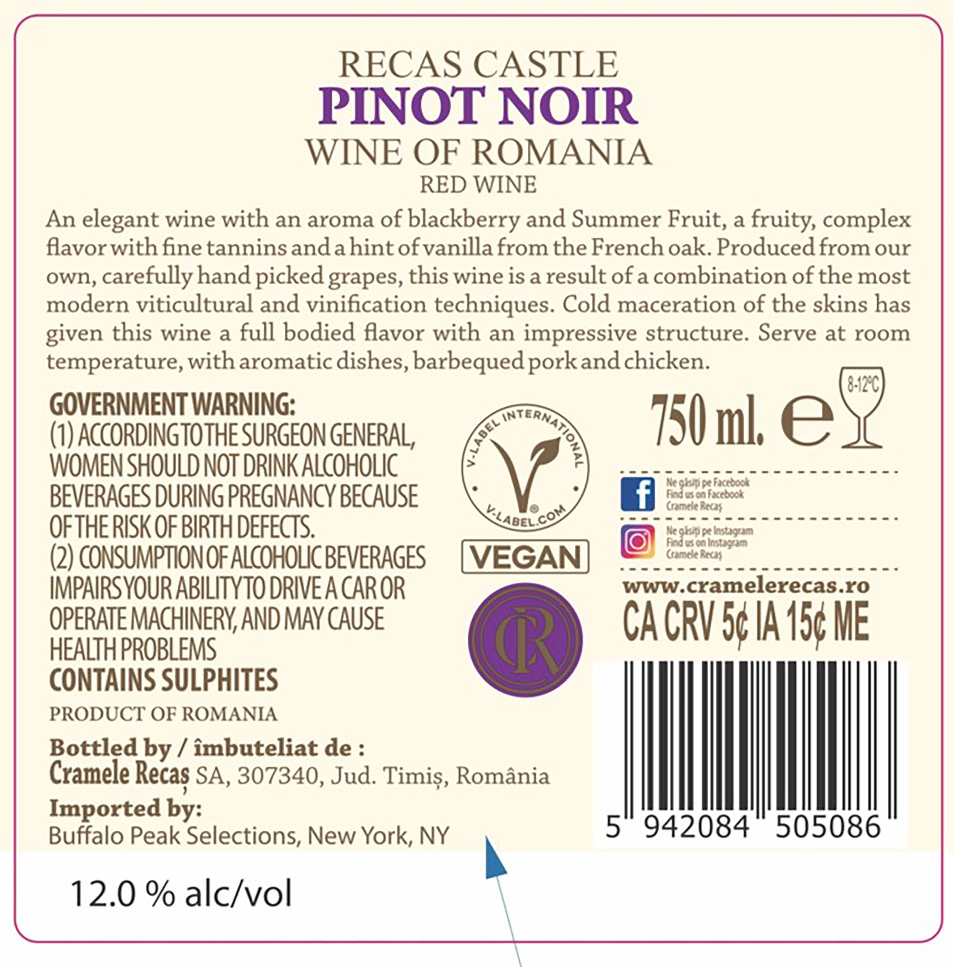 TABC label artwork for Recas Castle Pinot Noir