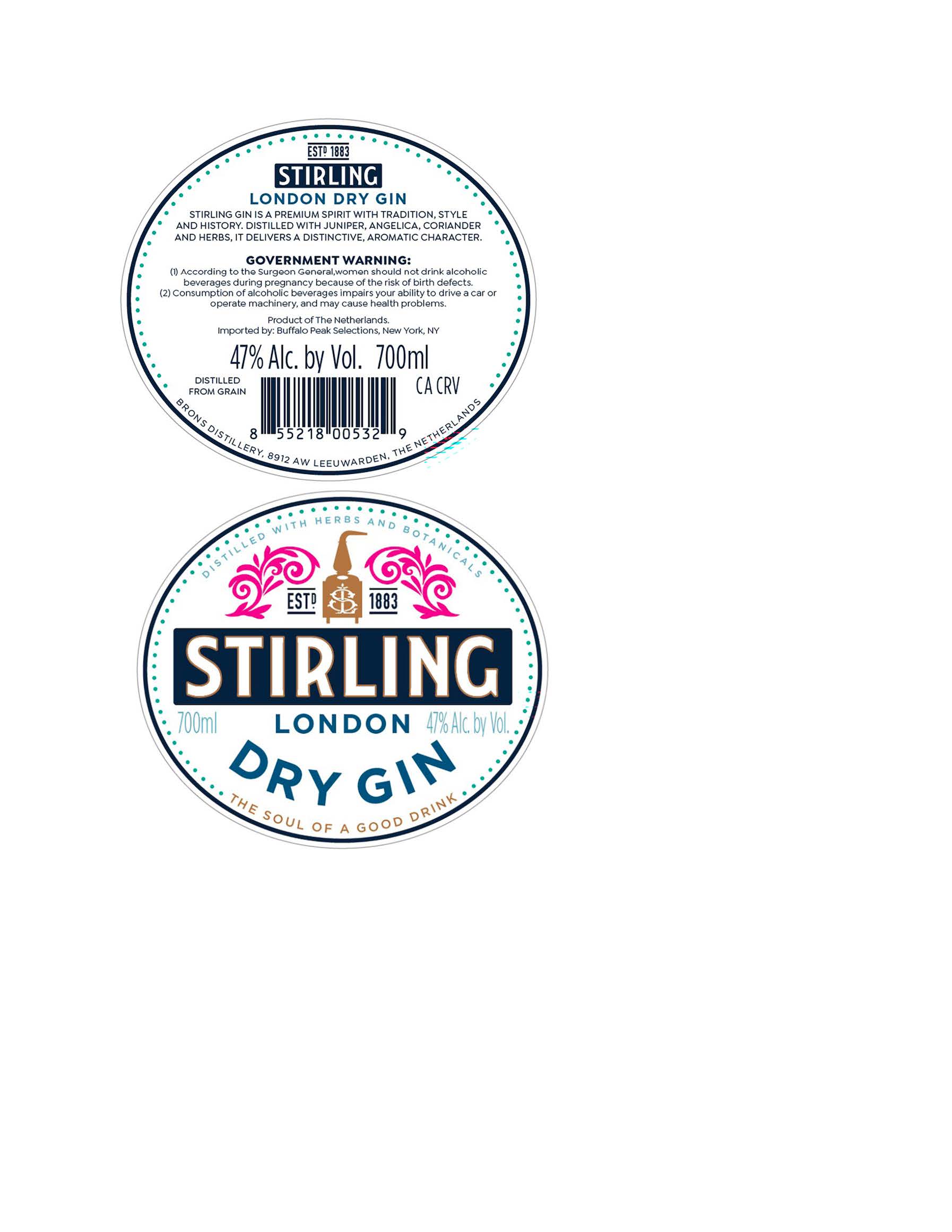 TABC label artwork for Stirling London Dry Gin