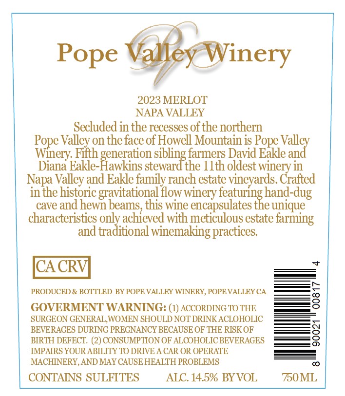 TABC label artwork for Pope Valley Winery Merlot