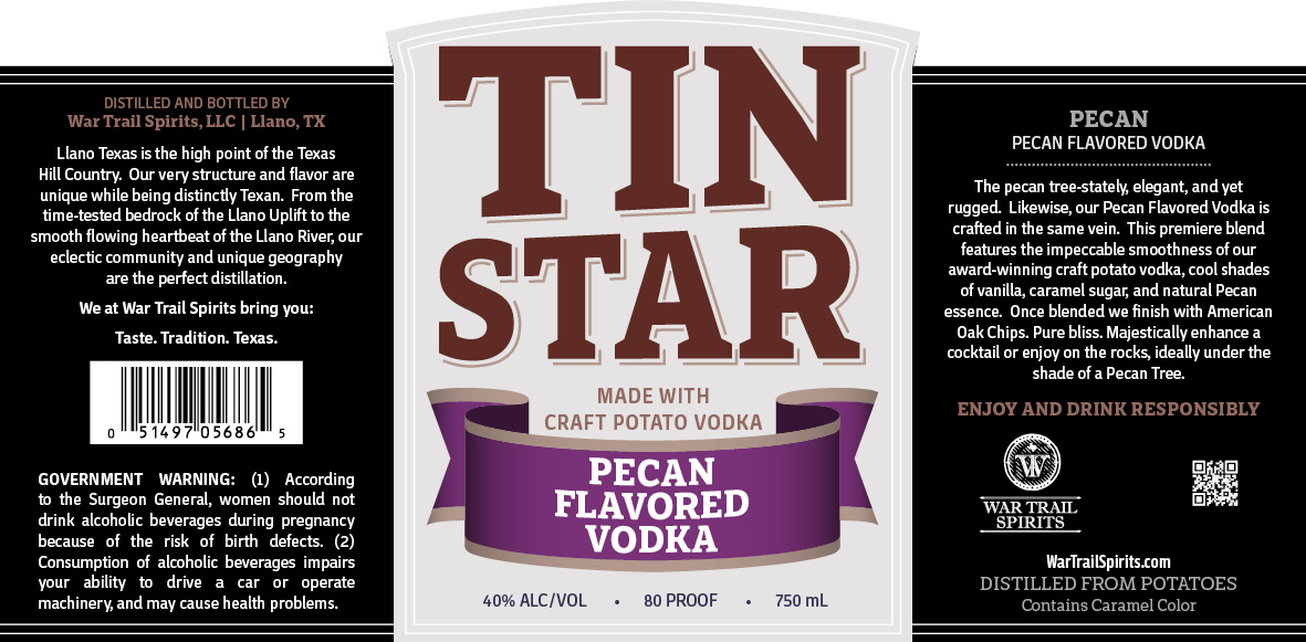 TABC label artwork for TIN STAR PECAN VODKA